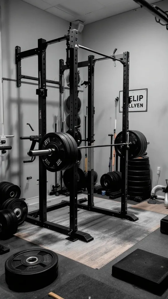 Interior view of a hardcore powerlifting one-car garage gym with weights and a squat rack.