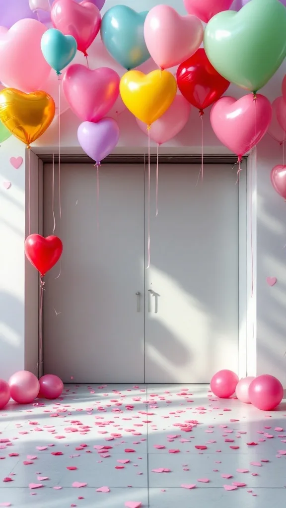 A display of colorful heart-shaped balloons in shades of pink, red, yellow, and green, with a scattered confetti on the floor.