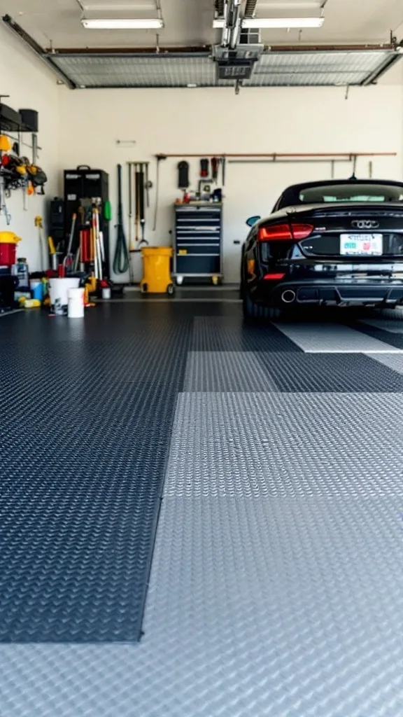 A well-organized garage featuring a car, tools, and heavy-duty floor mats.