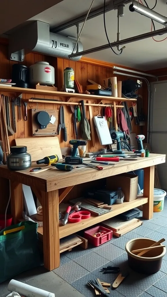 A cluttered garage workbench filled with tools and materials, showcasing a heavy-duty surface.