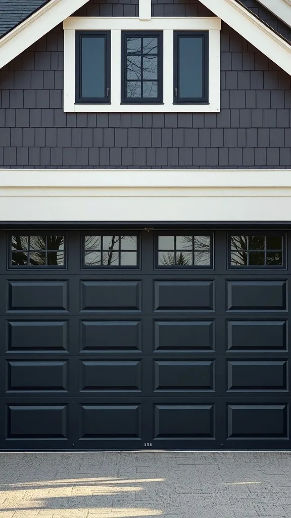 A dark garage door with unique panel design on a farmhouse, featuring light trim and windows above, creating contrast and visual interest.