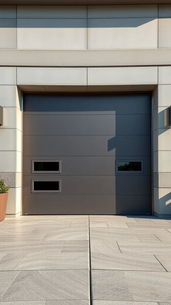 Modern garage door with a high-gloss finish and rectangular windows