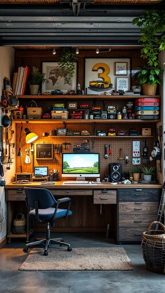 A cozy hobby nook in a garage with wooden shelves displaying collectibles, a computer desk, and plants for decoration.