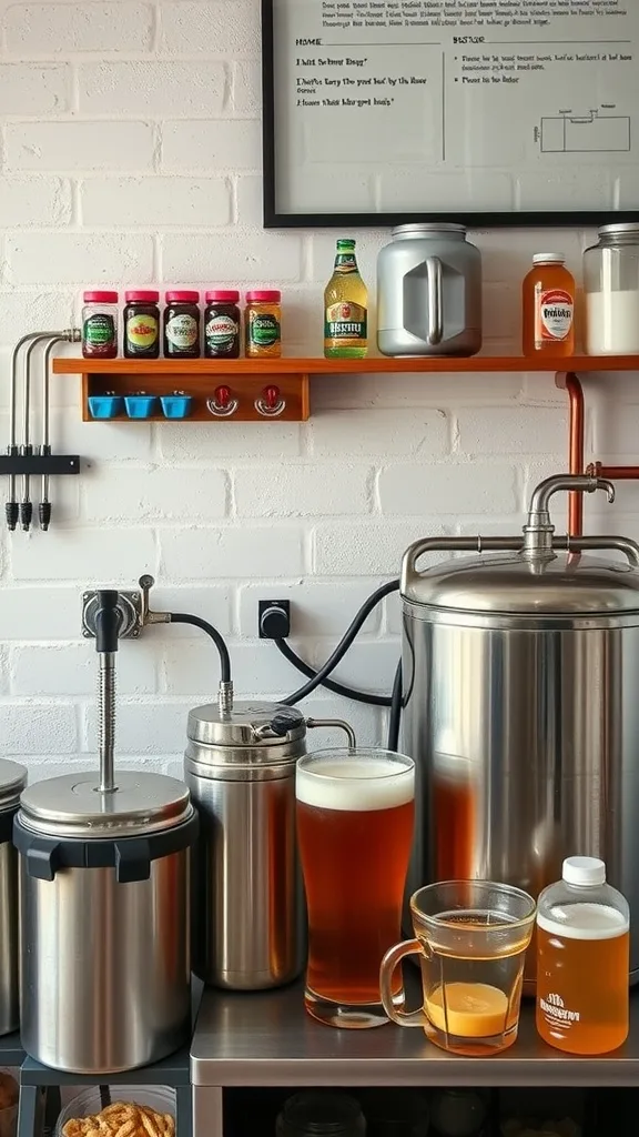 A home brewing station in a garage man cave featuring various brewing equipment and ingredients.