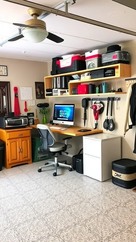 A cozy and well-lit home office setup in a garage.