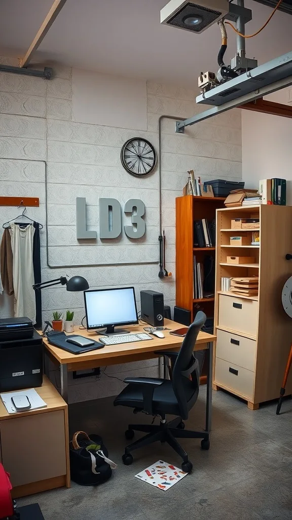 A home office workspace in a garage featuring a desk, computer, and organized storage.