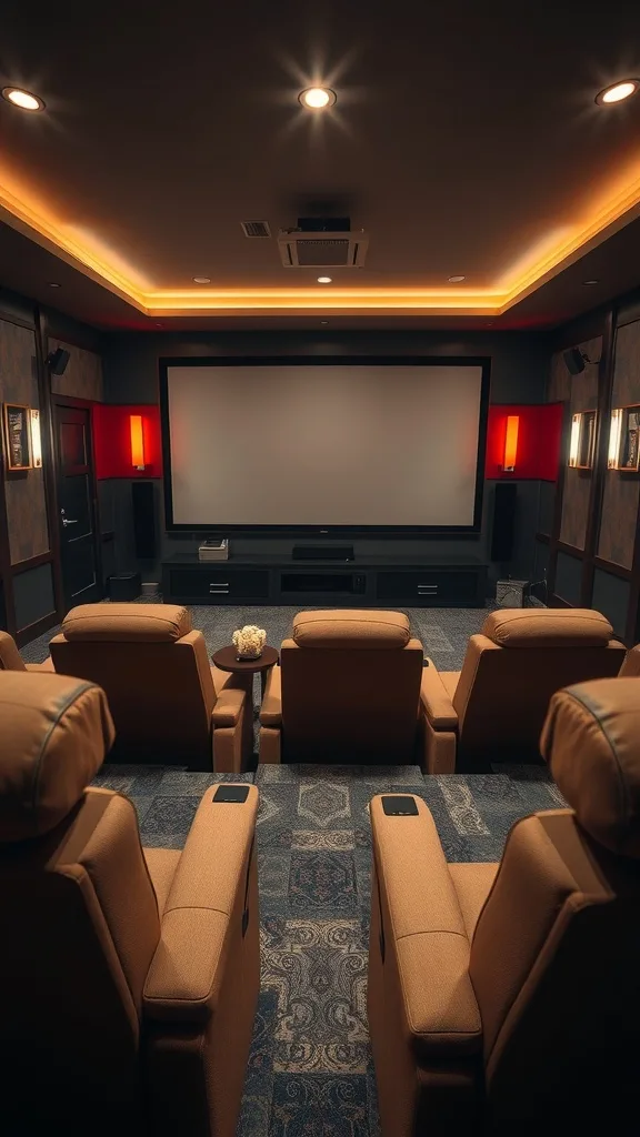 Cozy home theater setup with recliners and a large screen in a garage