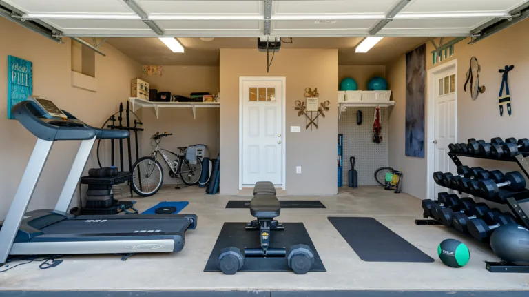 A photo of a home gym in a garage. There is a treadmill, a weight bench, dumbbells, a yoga mat, and a medicine ball. The garage has a door and some shelves. There is a bicycle and some tools near the door. The walls have some decorations. The floor is concrete.