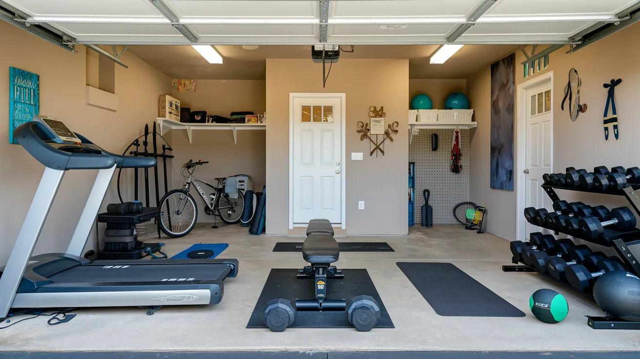 A photo of a home gym in a garage. There is a treadmill, a weight bench, dumbbells, a yoga mat, and a medicine ball. The garage has a door and some shelves. There is a bicycle and some tools near the door. The walls have some decorations. The floor is concrete.