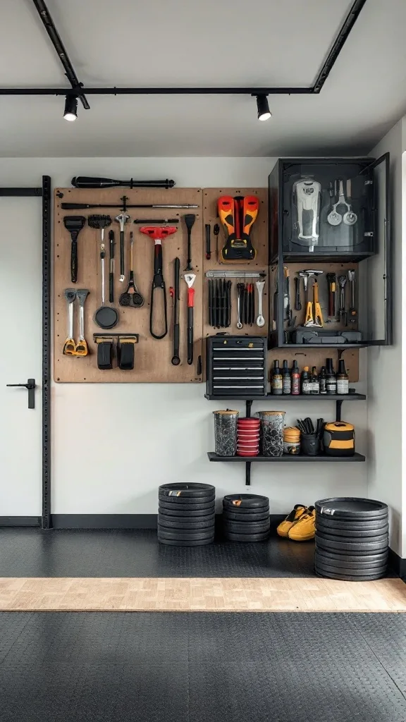 A hybrid gym space in a garage featuring a stationary bike, weights stored in the corner, and a wall pegboard with tools.