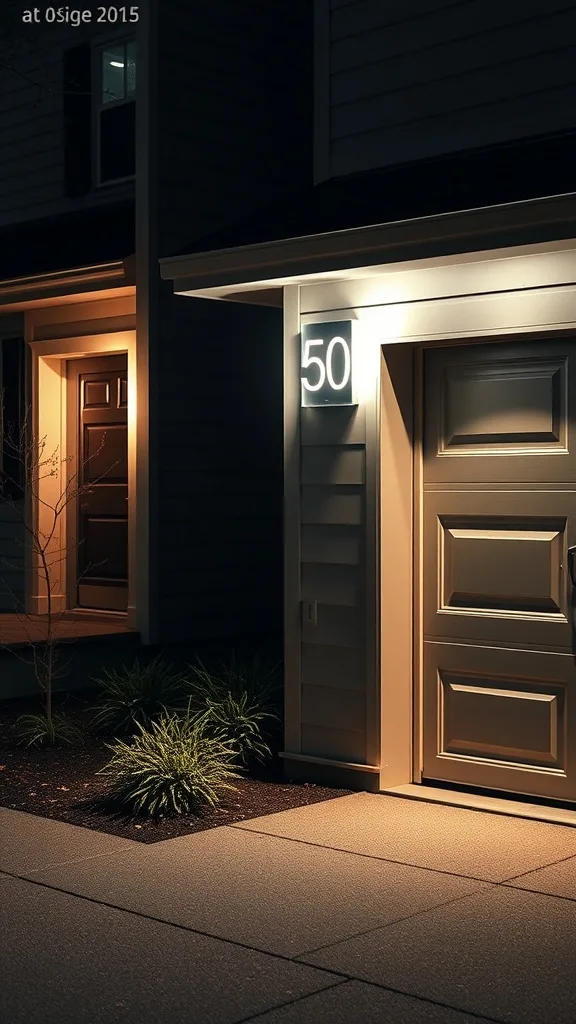 Illuminated house numbers on a modern garage exterior.