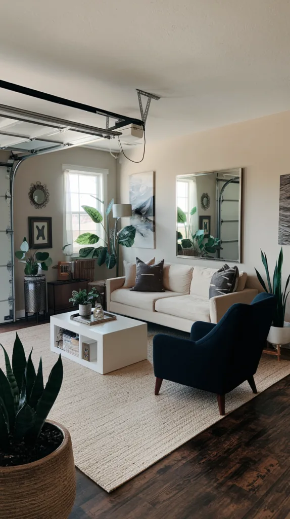 A photo of a garage conversion to a family room. The room has a beige couch, a dark blue chair, a white coffee table, and a beige rug. There are also a couple of potted plants in the room. The walls have some decorations, including a large mirror and a few pieces of art. The flooring is a dark wood.