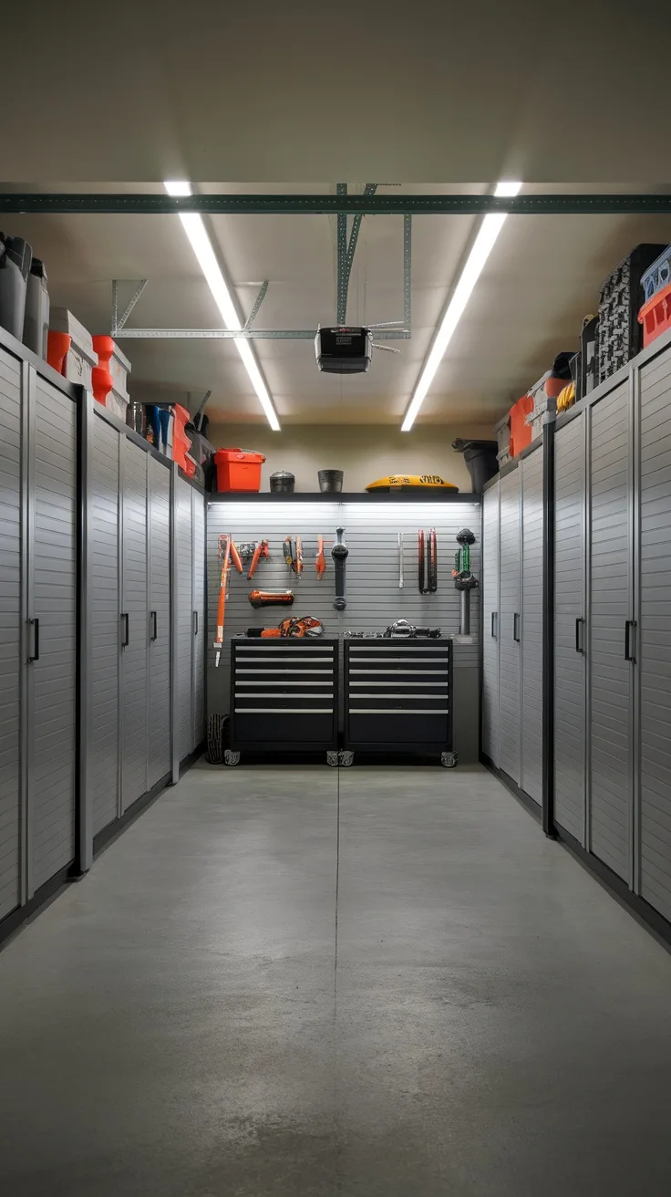 A well-organized garage featuring sliding storage systems and wall-mounted tool panels.