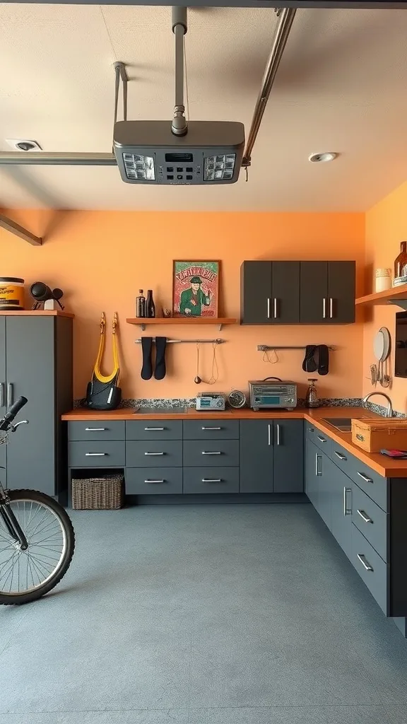 A stylish garage with orange walls and gray cabinets, showcasing a cohesive color palette.