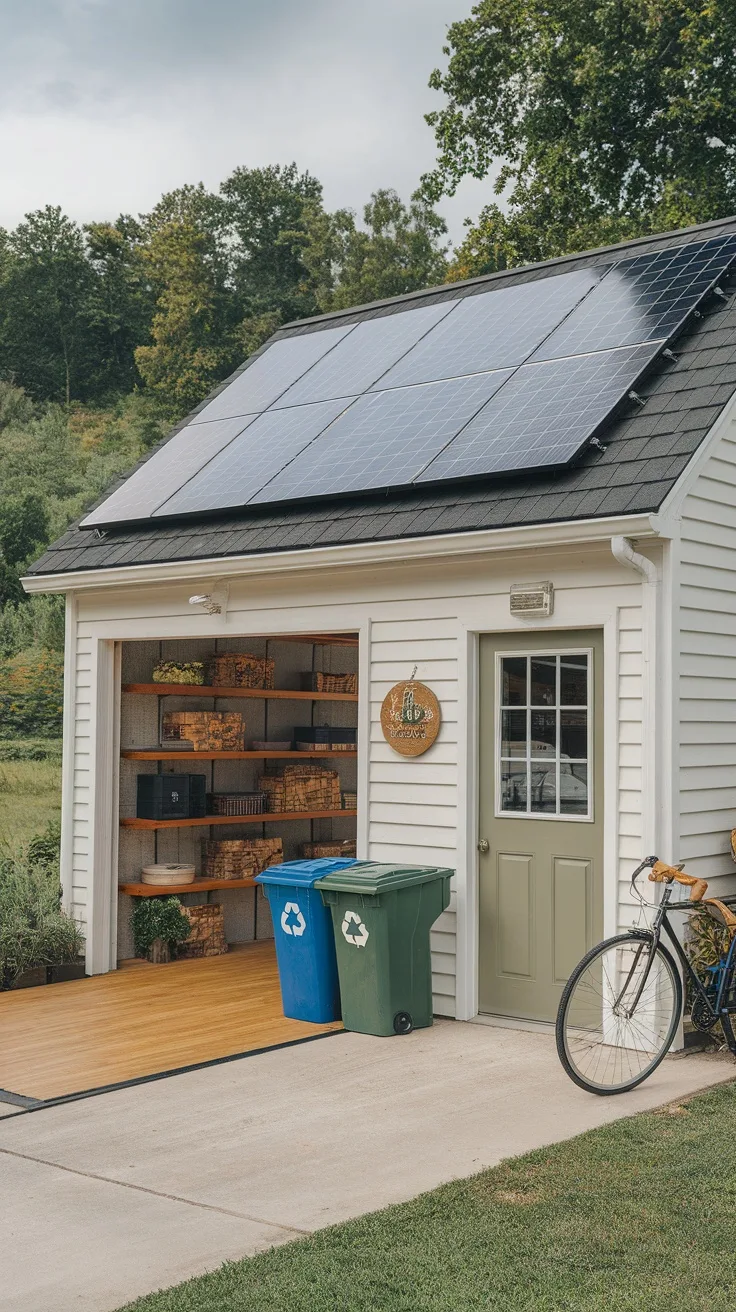 A garage with solar panels, organized recycling bins, and greenery.