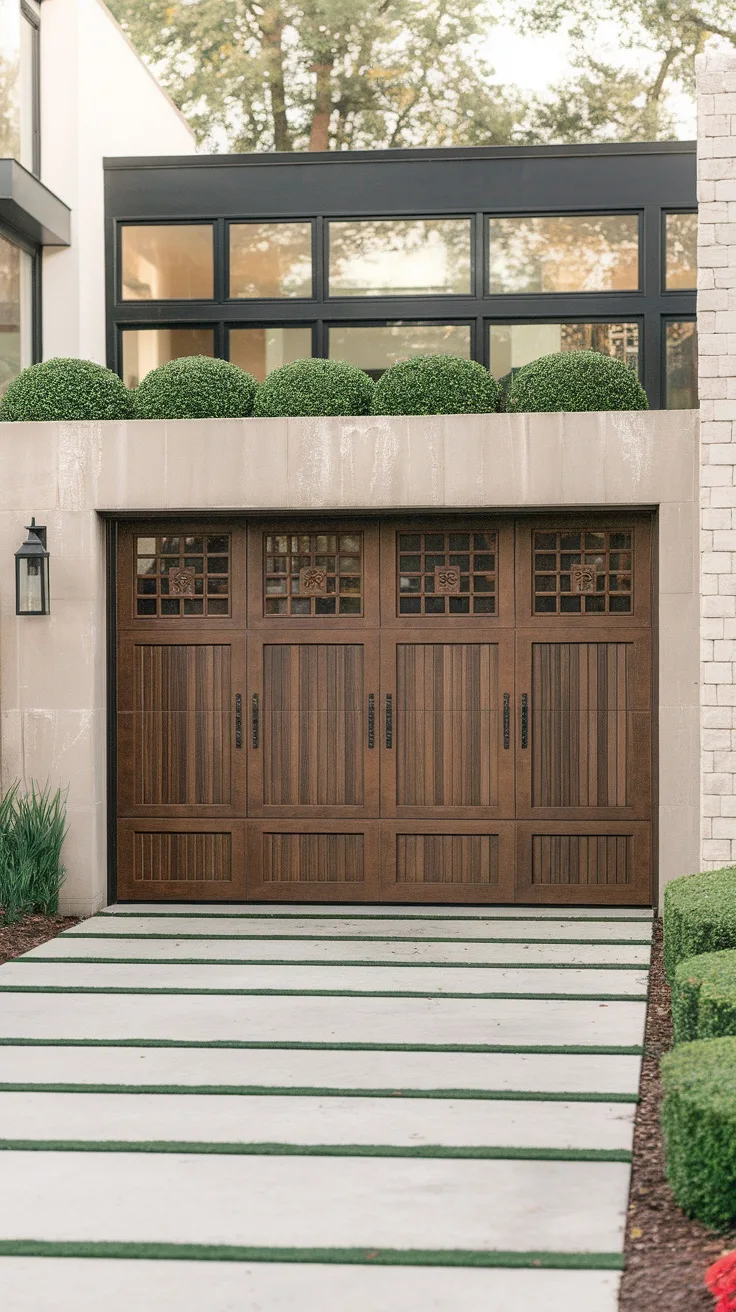 A stylish garage with custom-built wooden doors and a modern exterior.