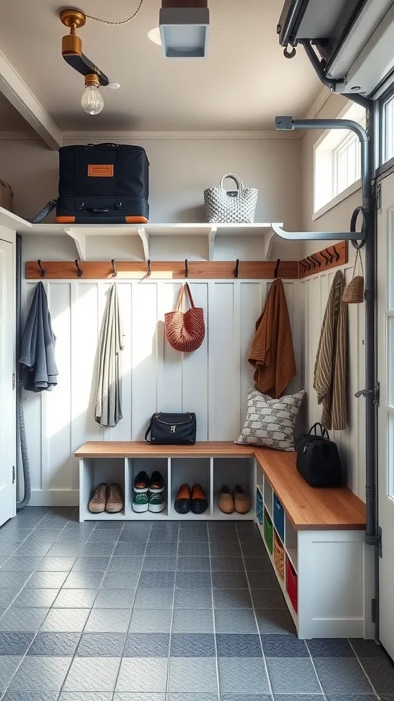 Stylish mudroom entrance with a bench, hanging hooks, and organized storage.