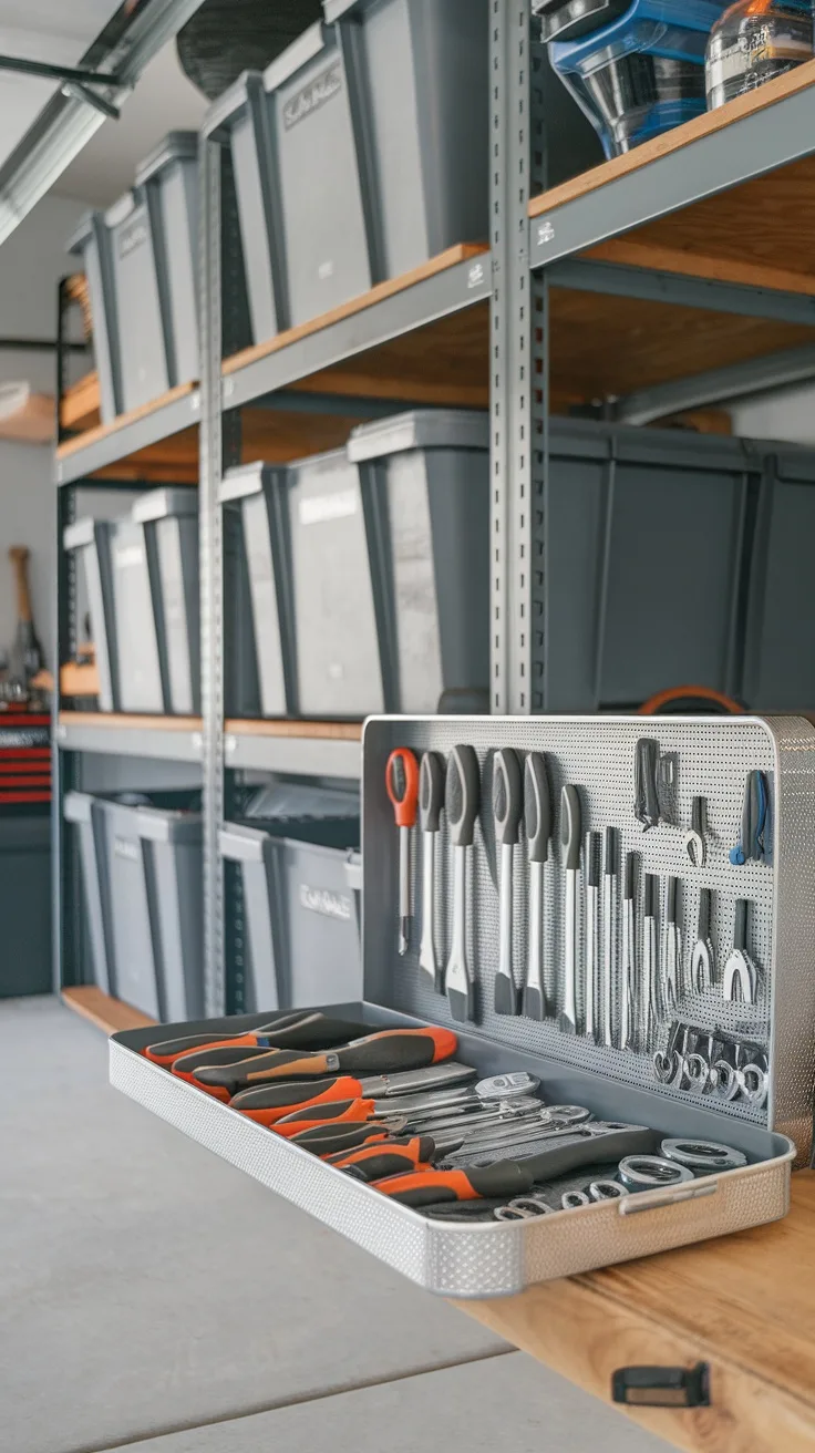 A well-organized garage featuring stylish storage solutions, tools, and a ceiling fan.