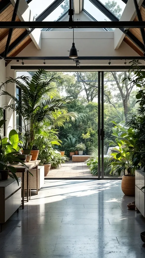 A bright garage conversion with large windows, a glass ceiling, and lush indoor plants.