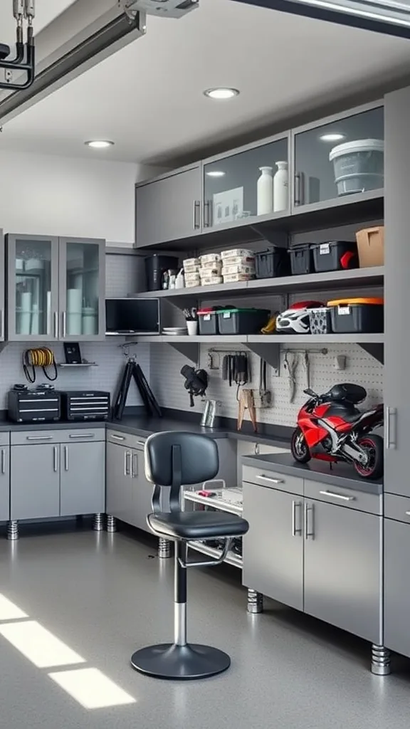 A modern garage featuring organized cabinets, shelves, and a pegboard for storage.