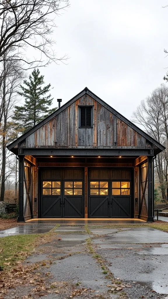 Industrial-style garage featuring exposed metal beams and a spacious entrance.