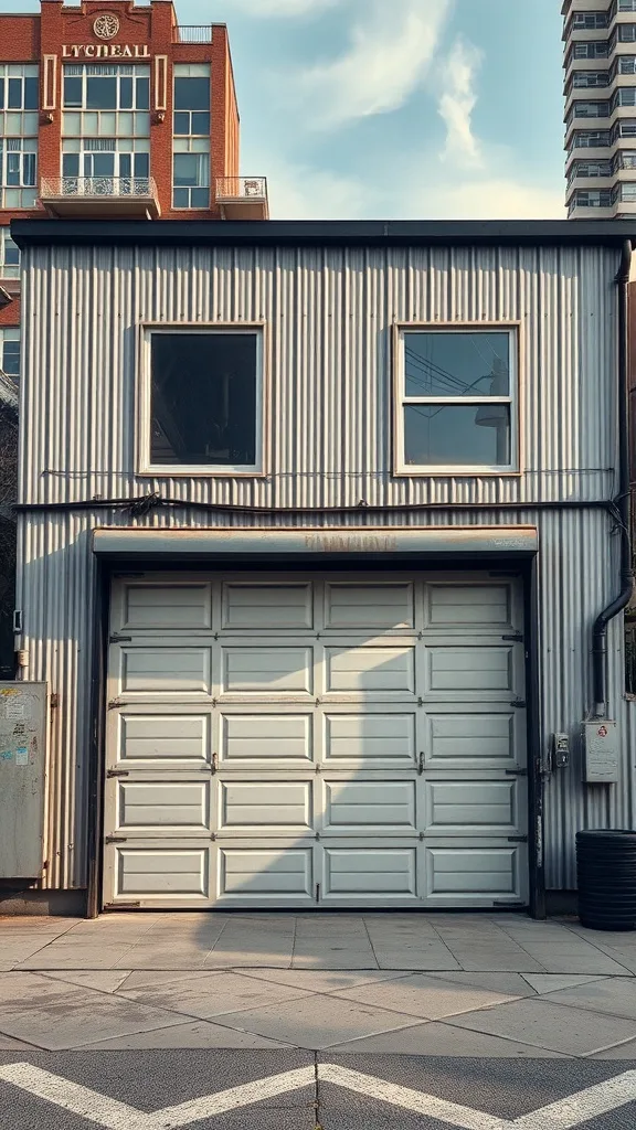 Industrial-style garage with metal cladding and large white garage door