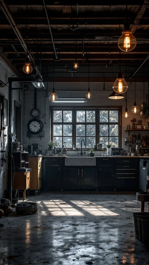 A garage with industrial-style lighting fixtures and a cozy atmosphere.