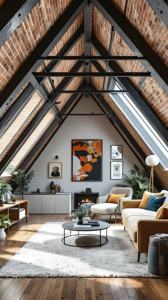 A stylish attic apartment featuring exposed brick walls, dark wooden beams, and modern furniture, with plants and artwork enhancing the industrial theme.