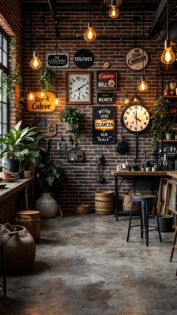 An industrial style garage with exposed brick walls, vintage clocks, greenery, and warm lighting.