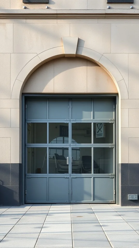 A modern industrial garage door with large glass panels and a sleek gray frame.