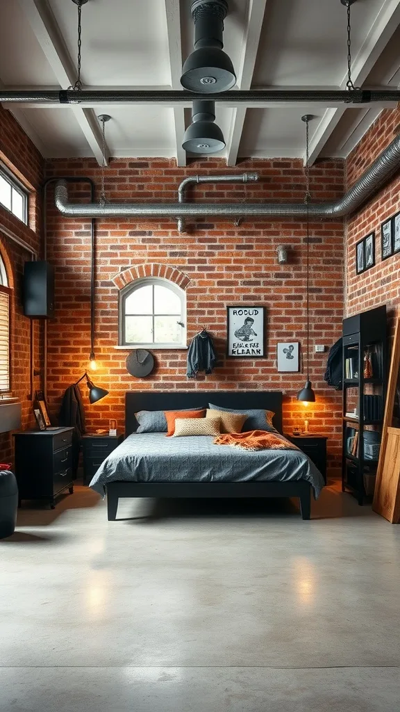 Industrial chic garage bedroom featuring exposed brick walls, modern black furniture, and stylish lighting.