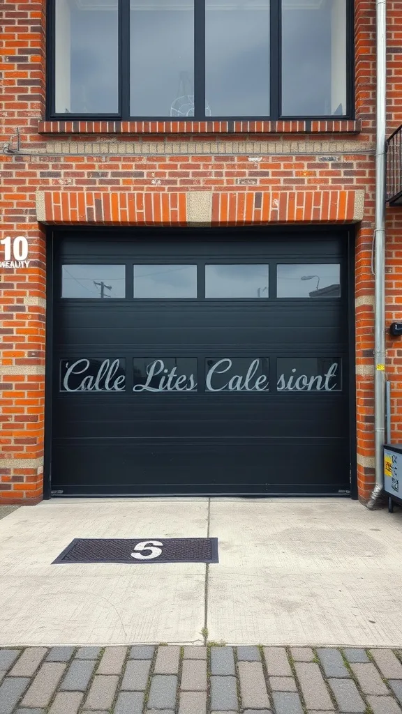 Black garage door with window accents and stylish lettering