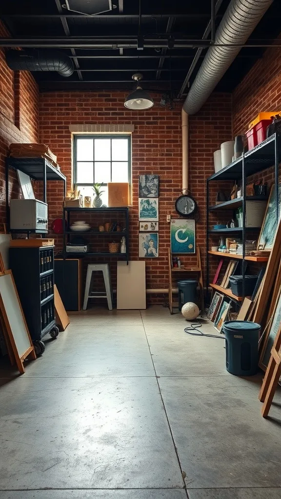 An industrial chic art studio with brick walls, shelves filled with art supplies, and natural light.