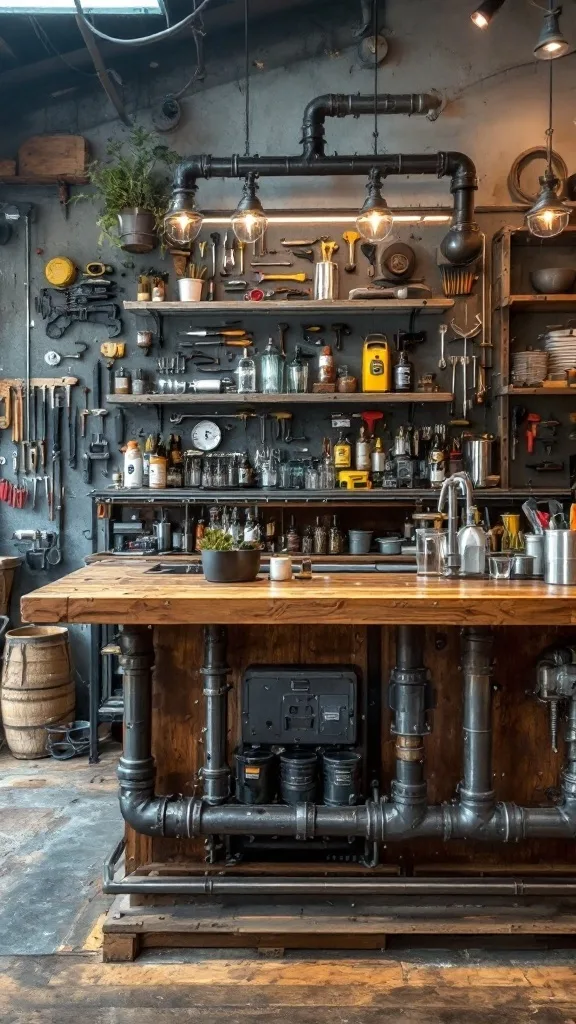 An industrial pipe bar with wooden top and metal piping in a garage setting, featuring high stools and storage for tools.