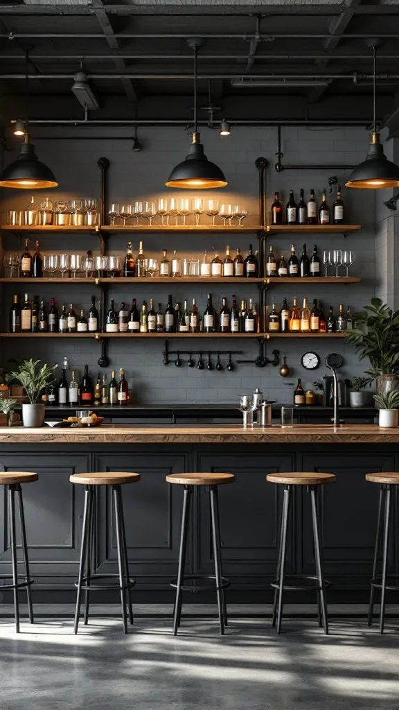 An industrial-style bar featuring pipe shelving with bottles and glasses.