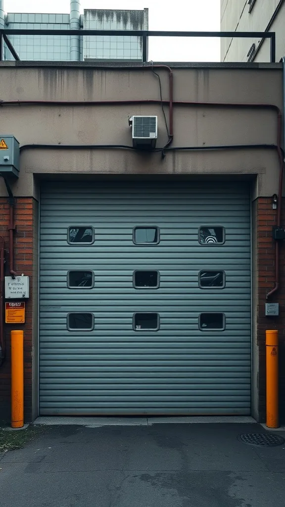 An industrial steel garage door with small square windows, featuring a gray color and a modern design.