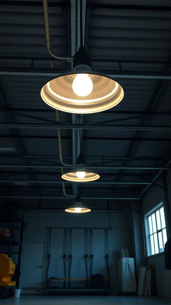 Industrial style lighting fixtures in a garage space