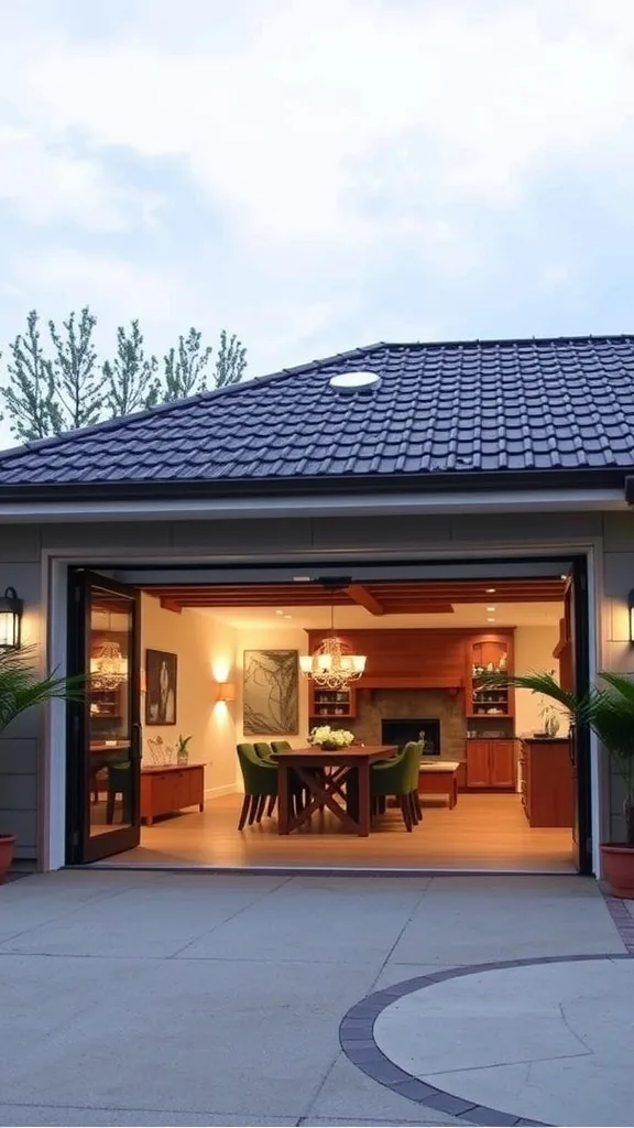 A spacious garage with innovative folding doors that open to a beautiful outdoor patio.