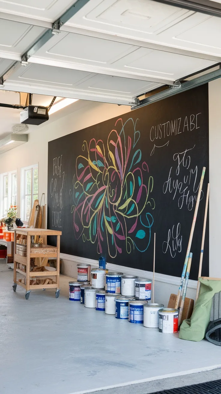 A garage with a large chalkboard wall displaying colorful art and customizable text, with paint cans and a workbench in the foreground.