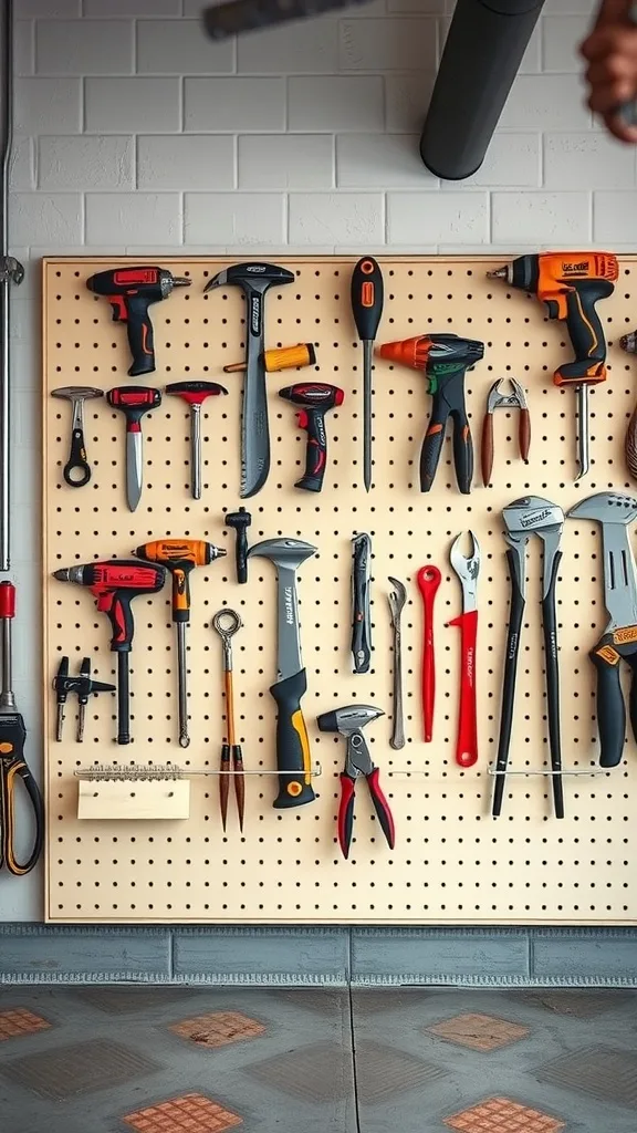 A pegboard display filled with various tools in a garage setting.