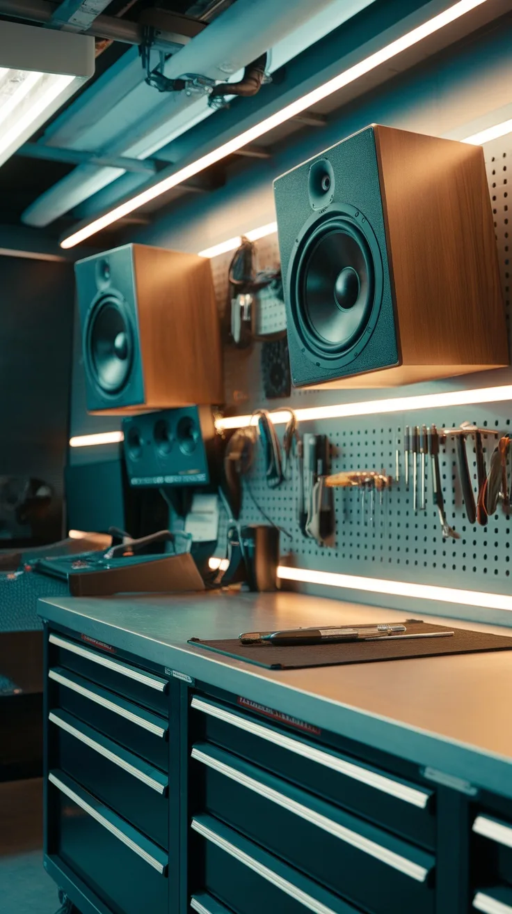 A well-organized garage workshop with speakers mounted on the wall, showcasing a clean workspace with tools and a modern aesthetic.