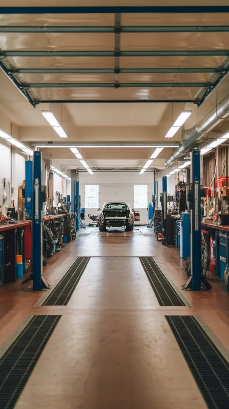 A spacious garage workshop with car lifts, tools, and durable flooring.