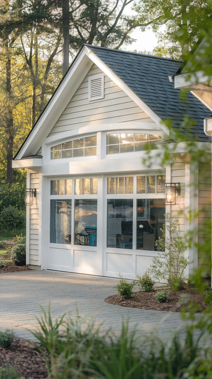 A beautiful garage featuring large, energy-efficient windows and decorative outdoor lighting.