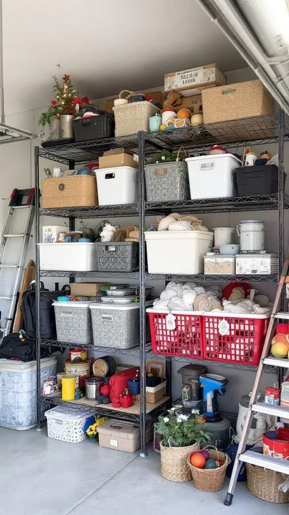 A well-organized garage with overhead storage, featuring bins and boxes for seasonal items.