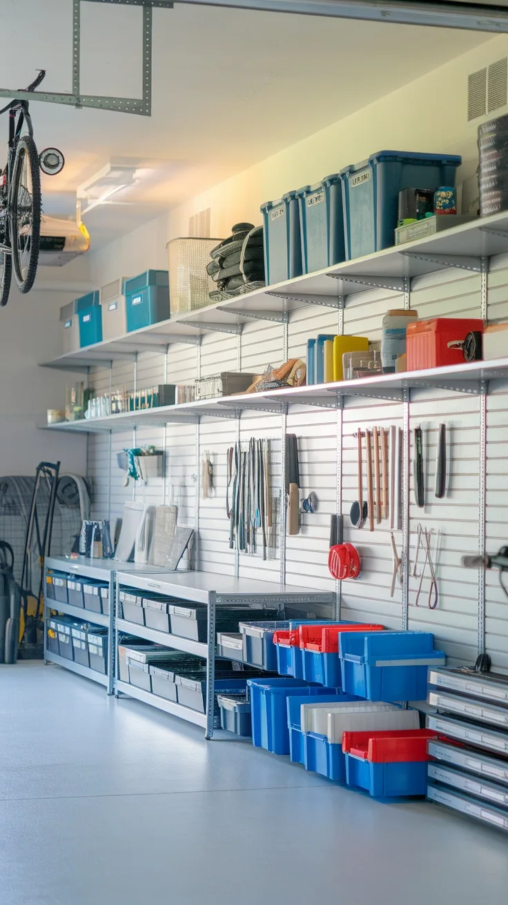 A well-organized garage with wall-mounted shelving displaying various tools and colorful storage bins.