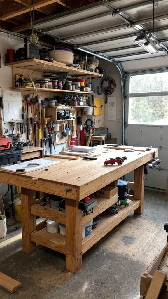 A wooden workbench with drawers and tools organized on the wall in a garage