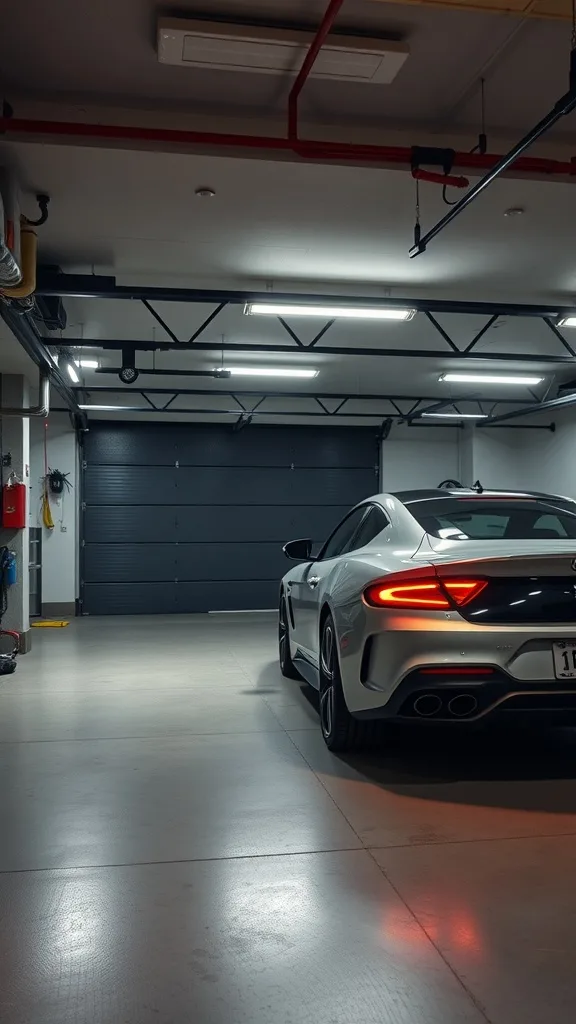 A well-lit modern garage with a sleek car, showcasing ambient lighting features.