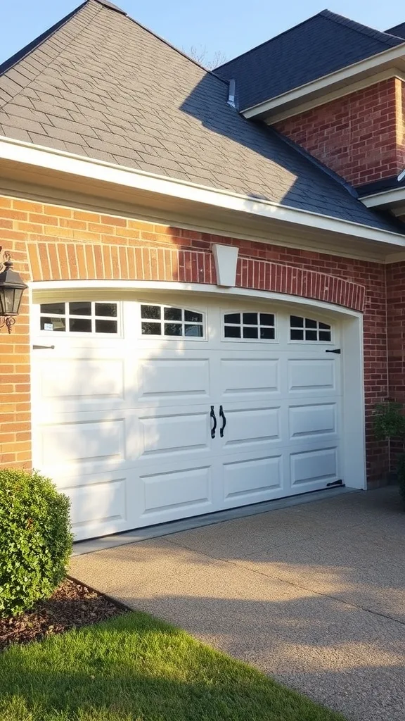 A white insulated garage door on a brick house, showcasing energy efficiency.