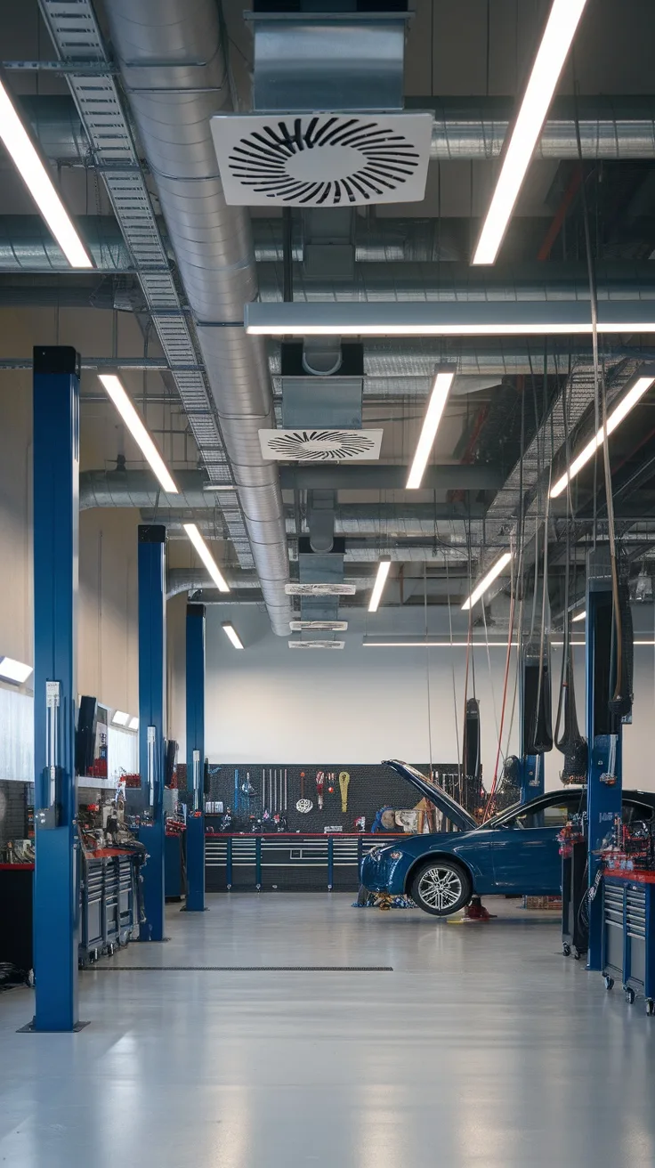 A modern garage car workshop with advanced ventilation systems, showcasing vents and car lifts.