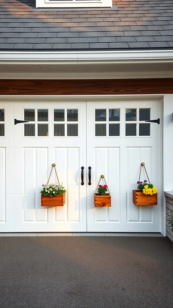 A white garage door with wooden flower planters on either side, showcasing colorful flowers.